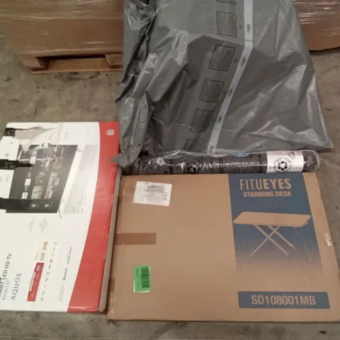 PALLET OF ASSORTED ITEMS INCLUDING FITUEYES STANDING DESK, SHARP LED HD TV, HUG RUG ECO FRIENDLY MAT