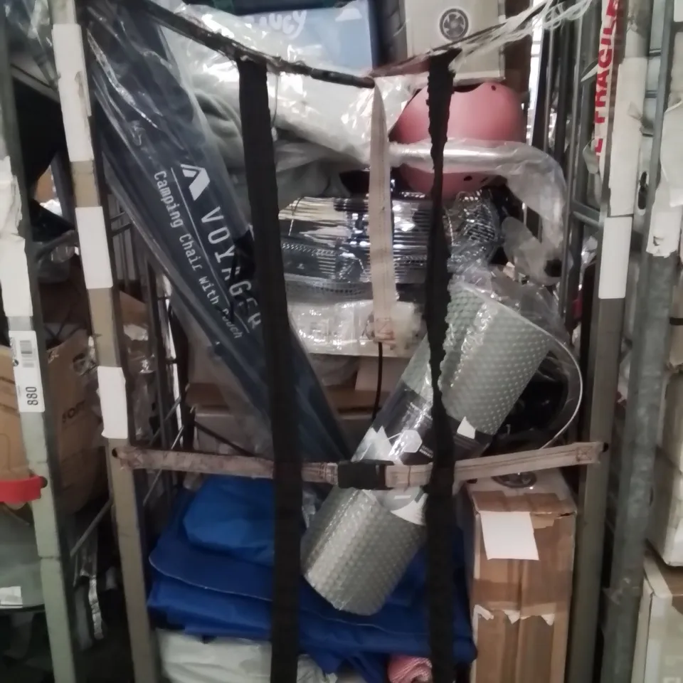 CAGE OF ASSORTED HOUSEHOLD GOODS AND PRODUCTS TO INCLUDE;BIKE HELMET,COOLING GEL PILLOW CASE,FAN