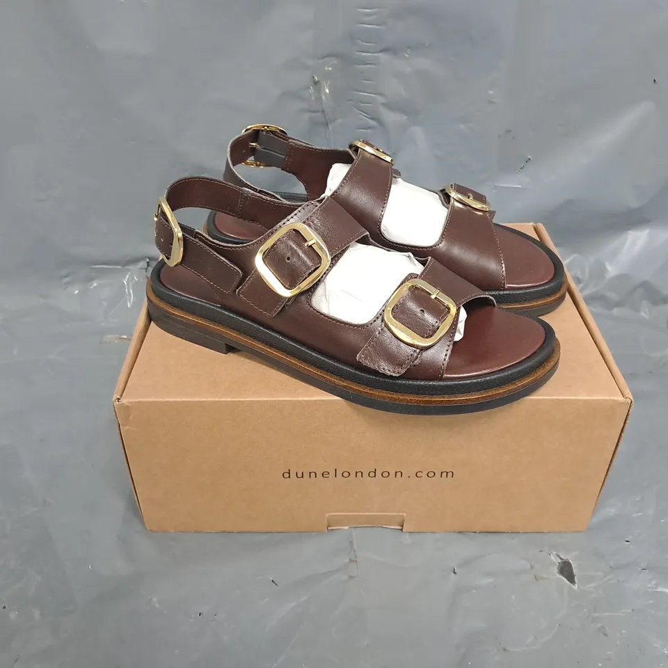 BOXED PAIR OF DUNE LONDON LUCKLES SANDALS IN BROWN LEATHER - SIZE 5