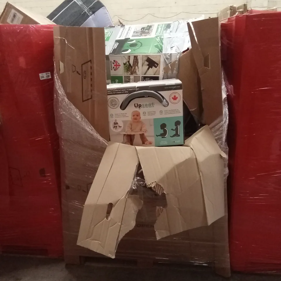 PALLET OF ASSORTED HOUSEHOLD GOODS AND PRODUCTS TO INCLUDE; STEAM CLEANERS, BABY PLAYPEN, BABY UPSEAT ETC