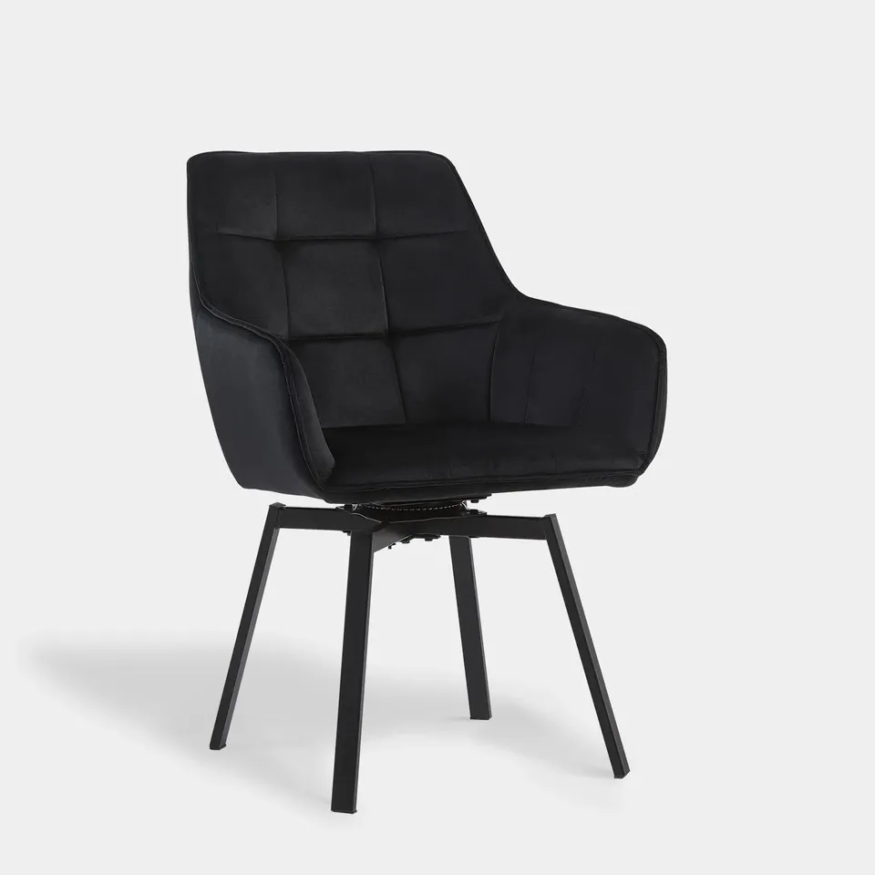 BOXED DANYL SET OF TWO BLACK VELVET SWIVEL DINING CHAIRS