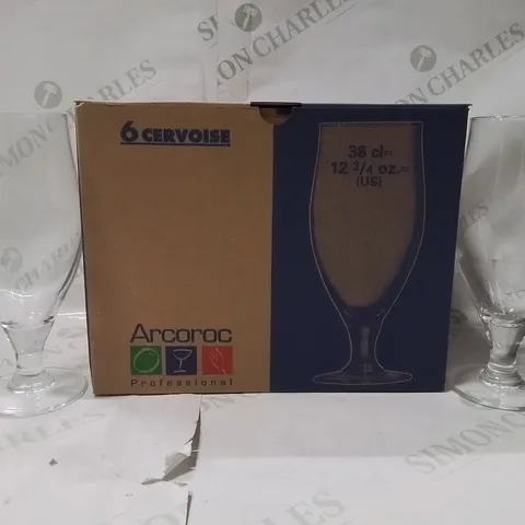 BOXED ARCOROC CERVOISE STEM BEER GLASSES SET OF 6
