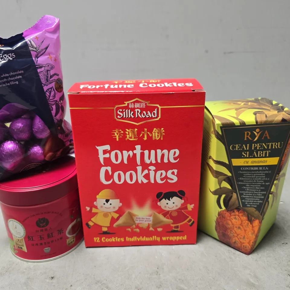 APPROXIMATELY 7 ASSORTED FOOD ITEMS TO INCLUDE - FORTUNE COOKIES , DESSERT EGGS CHOCOLATE ETC