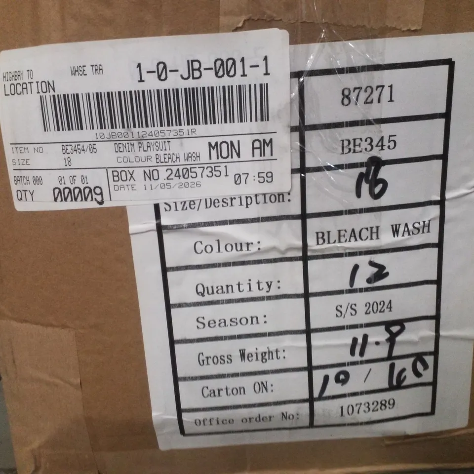 BOX CONTAINING APPROXIMATELY 9 BRAND NEW SIMPLY BE BLEACH WASH DENIM PLAYSUITS - SIZE 18