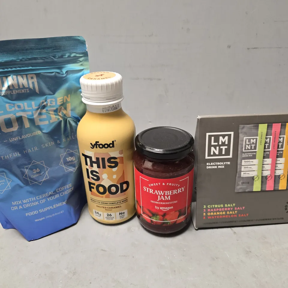 APPROXIMATELY 11 ASSORTED FOOD & DRINK ITEMS TO INCLUDE - LMNT ELECTROYTE DRINK MIX , STRAWBERRY JAM , YFOOD SALTED CARAMEL ETC