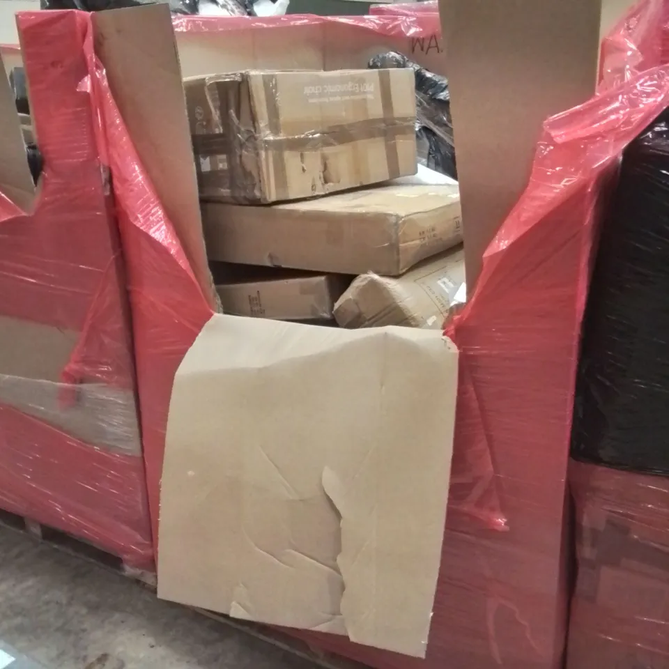 PALLET OF ASSORTED HOUSEHOLD GOODS AND PRODUCTS TO INCLUDE; ELECTRIC HEATER, BASSINET, IRONING BOARD, OFFICE CHAIR, BOXED FURNITURE ETC 