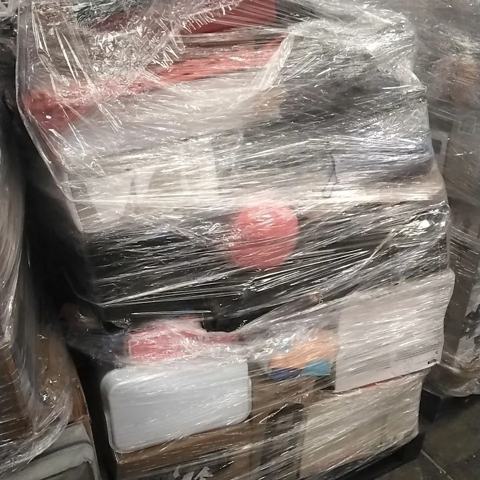 PALLET CONTAINING A LARGE QUANTITY OF ASSORTED HOUSEHOLD GOODS WHICH INCLUDE; AIR FRYERS, SUITCASES, FANS, COOLING MATS ETC 