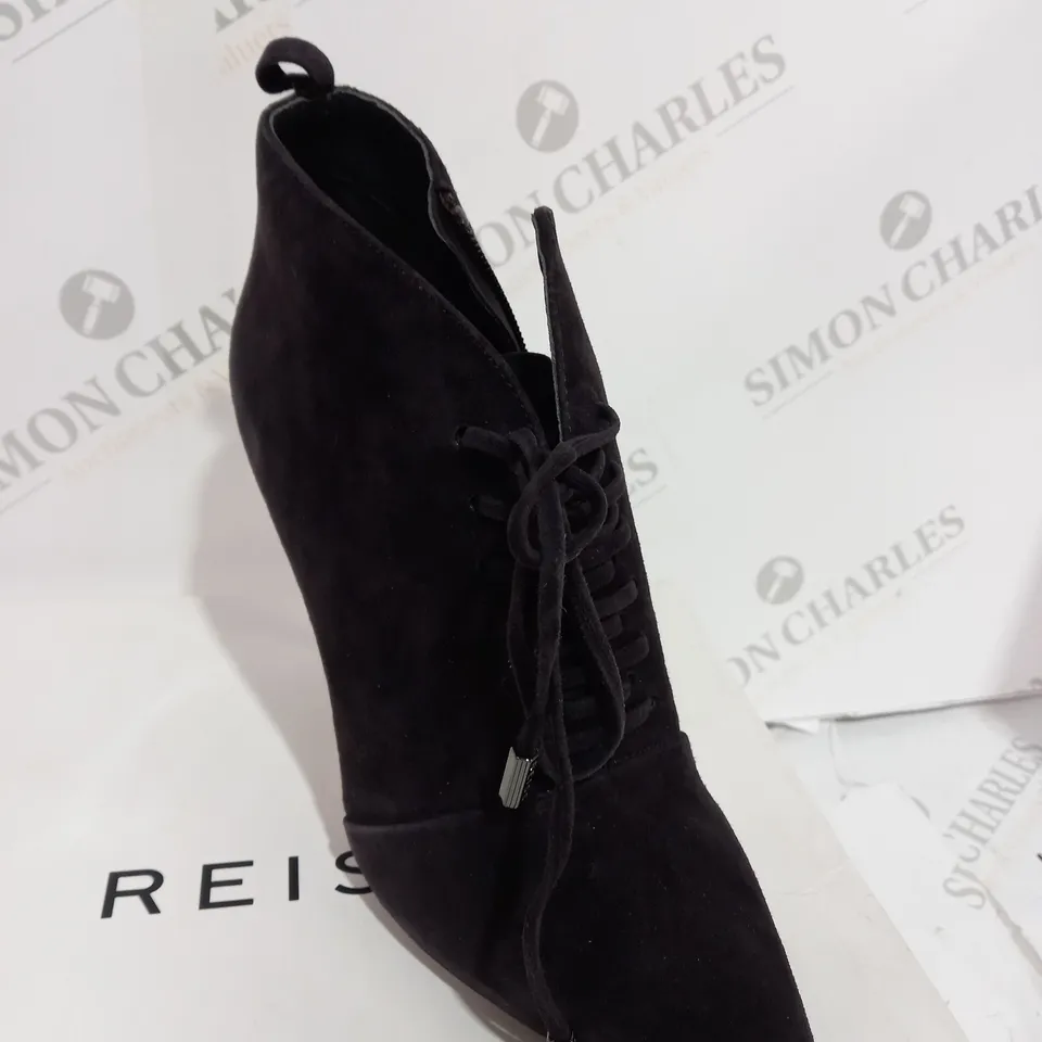 BOXED REISS SUEDE CHOCOLATE BOOT HEELS - SIZE 6