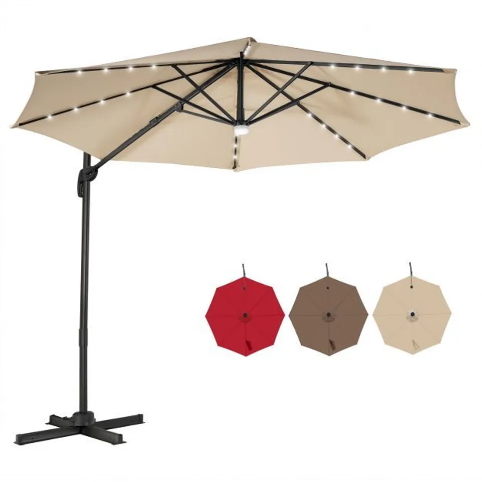 BOXED COSTWAY 10 FEET PATIO SOLAR UMBRELLA WITH CRANK AND LED LIGHTS - BEIGE