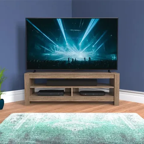 BOXED AVF CALIBRE SOUND 120 TV STAND FOR TVS UP TO 60”, SAWN OAK - CAS120GO (1 BOX)