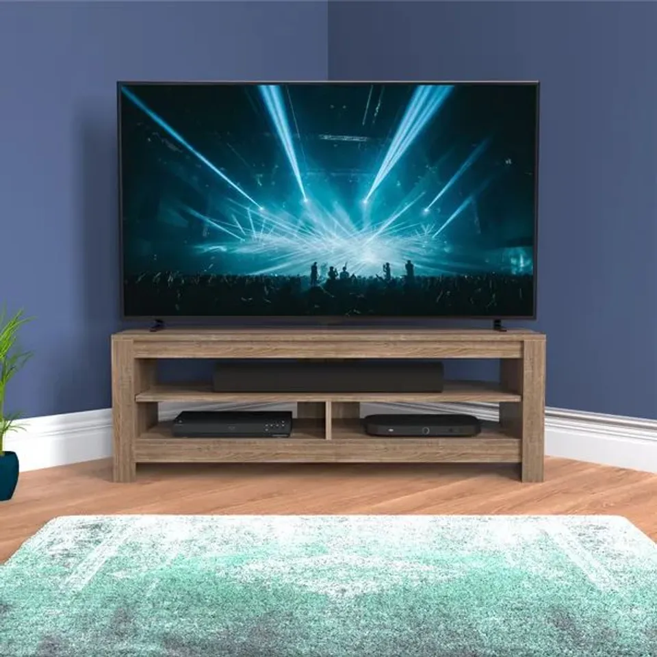 BOXED AVF CALIBRE SOUND 120 TV STAND FOR TVS UP TO 60”, SAWN OAK - CAS120GO (1 BOX)