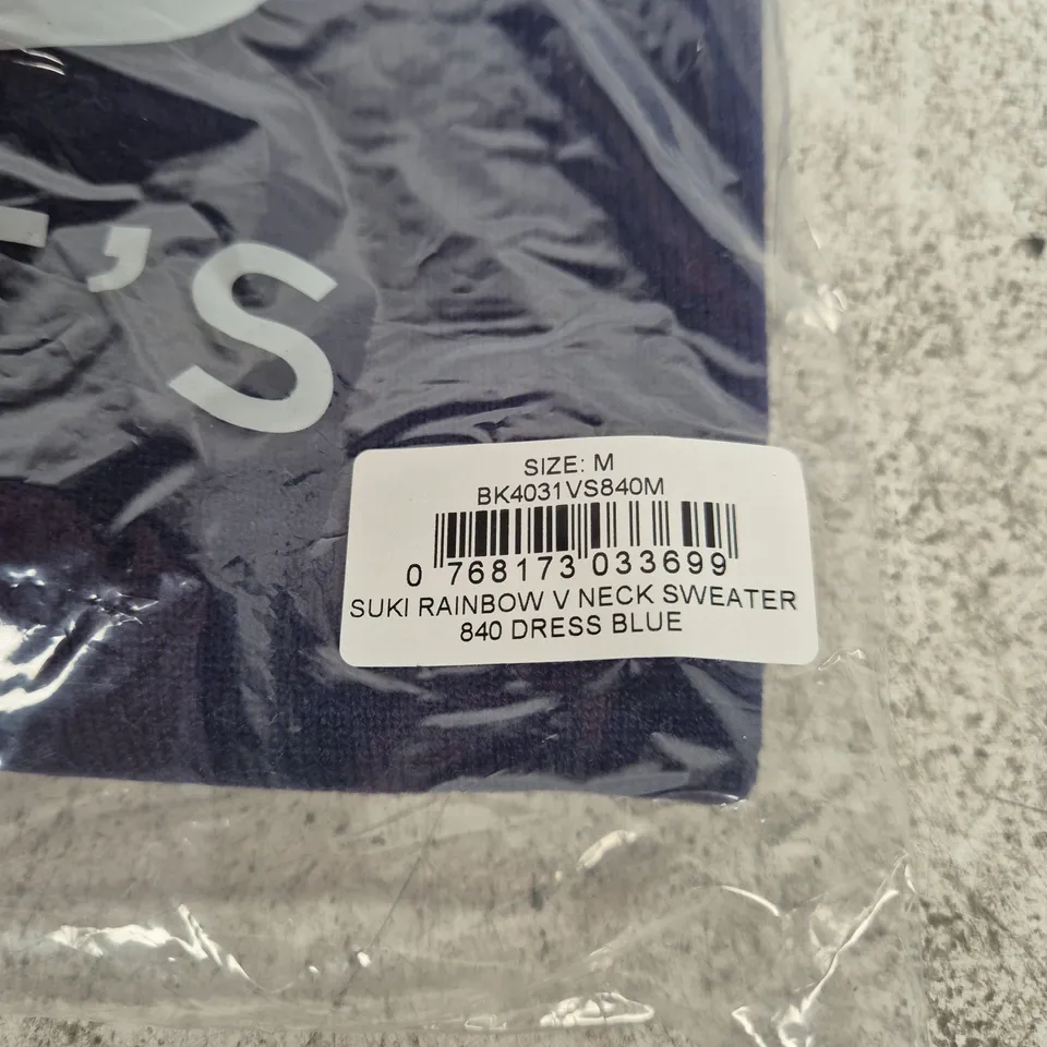 BAGGED ST BERTS SUKI RAINBOW V‑NECK SWEATER – DRESS BLUE, SIZE M