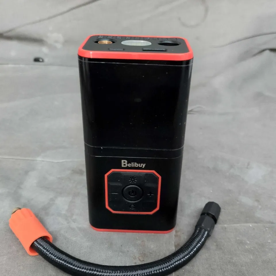 PORTABLE AIR INFLATOR WITH BRAIDED HOSE – BLACK WITH RED TRIM 