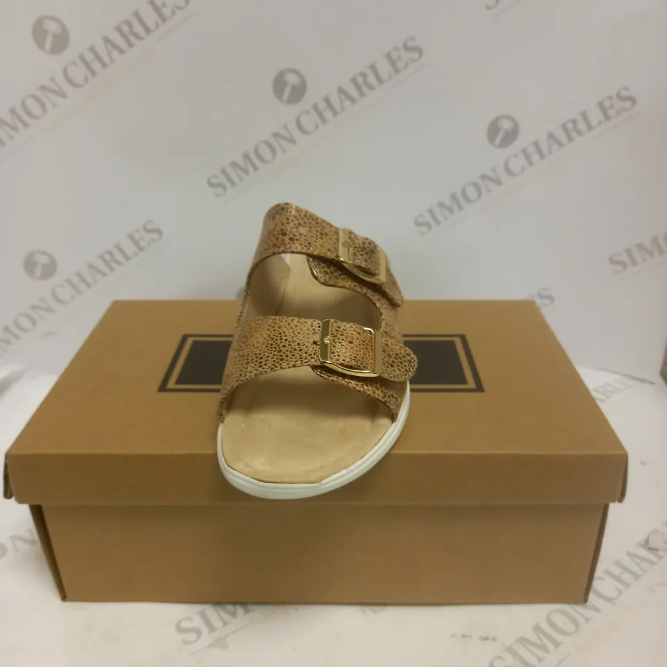 BOXED PAIR OF CUSHION WALK STRAPPY SANDALS,  GOLD - SIZE 5