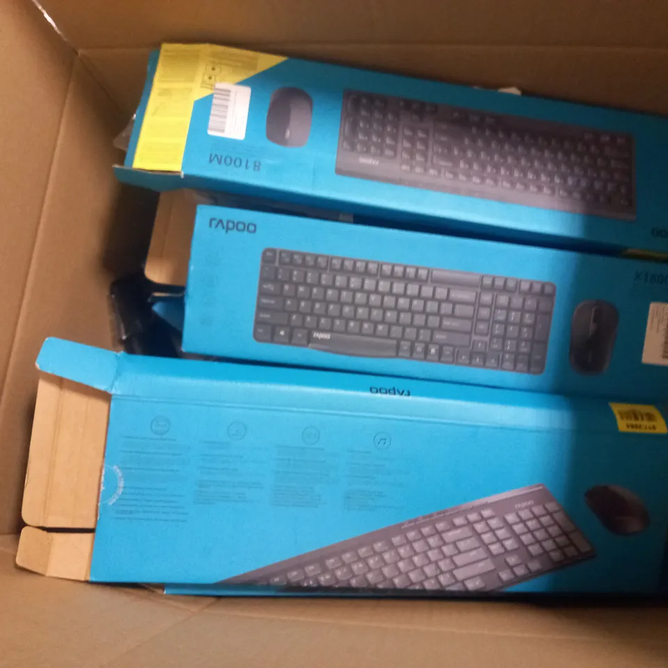 APPROXIMATELY 30 ASSORTED ELECTRICAL ITEMS TO INCLUDE RAPOO KEYBOARDS, WIRELESS MUSIC ADAPTERS, WIRES HEADPHONES, ETC