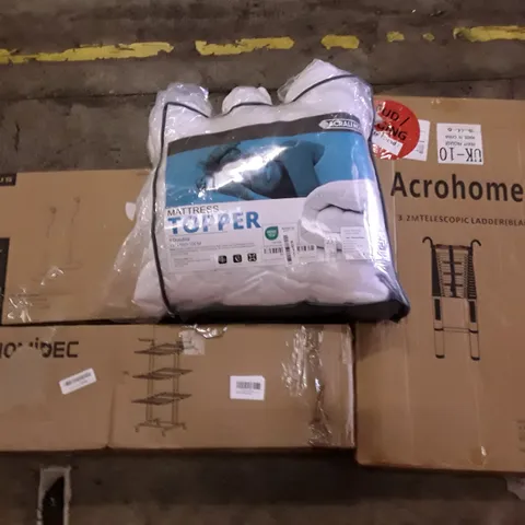 PALLET OF ASSORTED PRODUCTS INCLUDING MATTRESS TOPPER, HOMIDEC DRYING RACK, ADJUSTABLE HEIGHT SPEAKER STAND, ACROHOME 3.2M TELESCOPIC LADDER