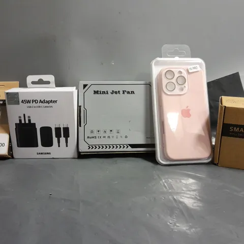 APPROXIMATELY 10 ASSORTED ITEMS TO INCLUDE - IPHONE 16 PRO CASE , MINI JET FAN , SAMSUNG 45W PD ADAPTER ETC