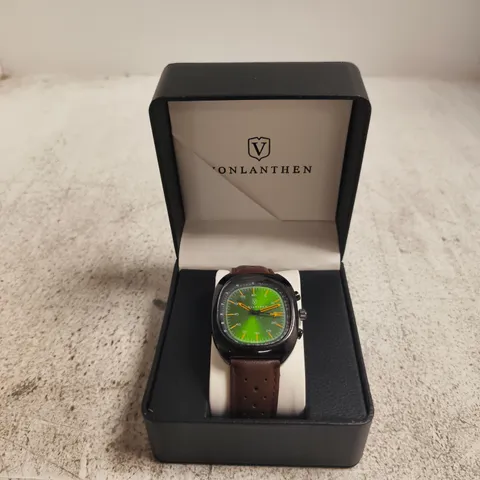 VONLANTHEN WRISTWATCH – GREEN DIAL, BROWN LEATHER STRAP, BOXED