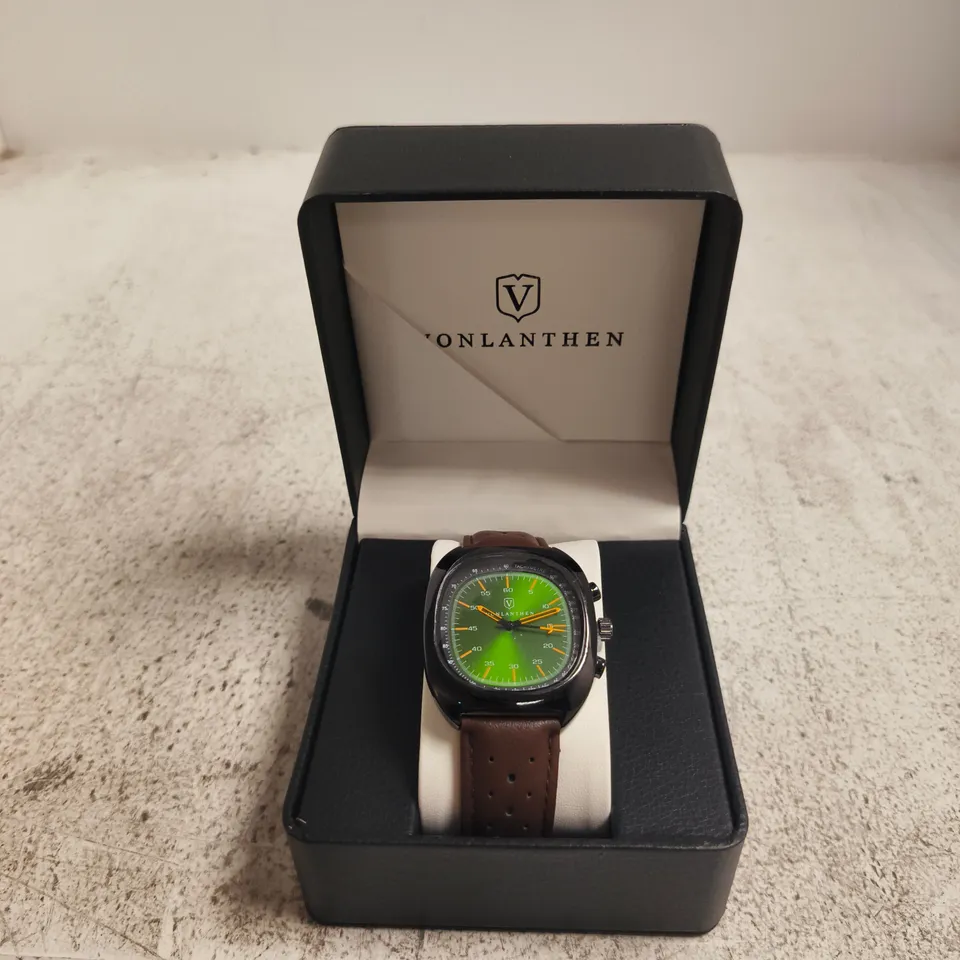 VONLANTHEN WRISTWATCH – GREEN DIAL, BROWN LEATHER STRAP, BOXED