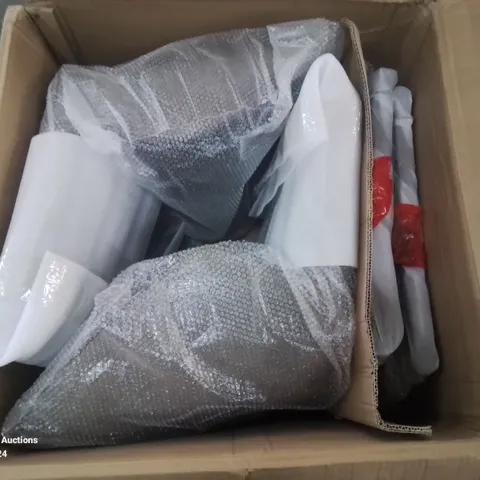 A BOXED PAIR OF GREY FAUX LEATHER UPHOLSTERED SIDE CHAIRS