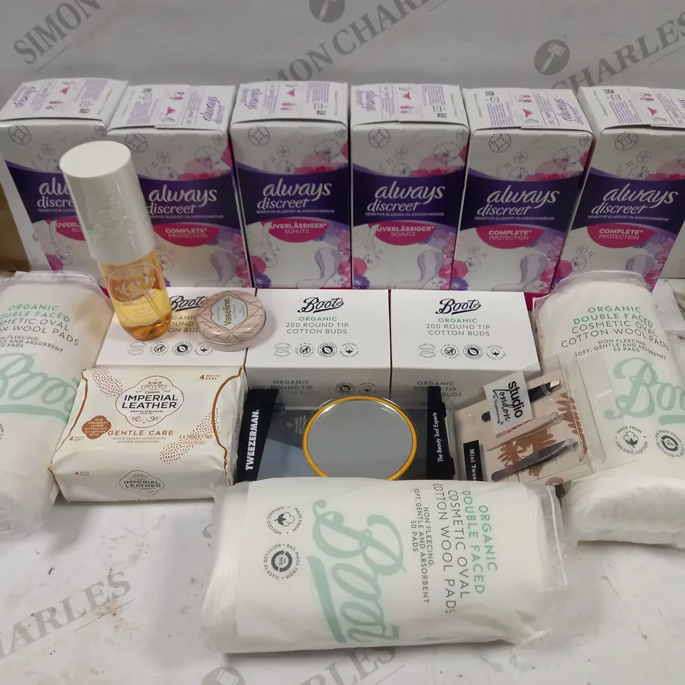 LOT OF APPROXIMATELY 16 COSMETICS ITEMS TO INCLUDE 6 ALWAYS DISCREET COMPLETE PROTECTION BOXES OF 24 LINERS, IMPERIAL LEATHER GENTLE CARE PACK OF 4 SOAP BARS, 3 BOXES OF 200 BOOTS ROUND TIP COTTON BUD