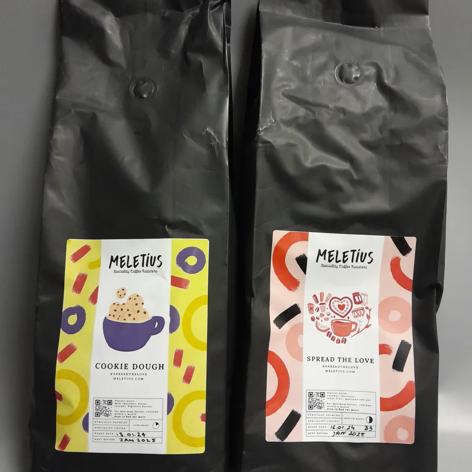 LOT OF 2 PACKS OF MELETIUS COFFEE INCLUDE COOKIE DOUGH AND SPREAD THE LOVE