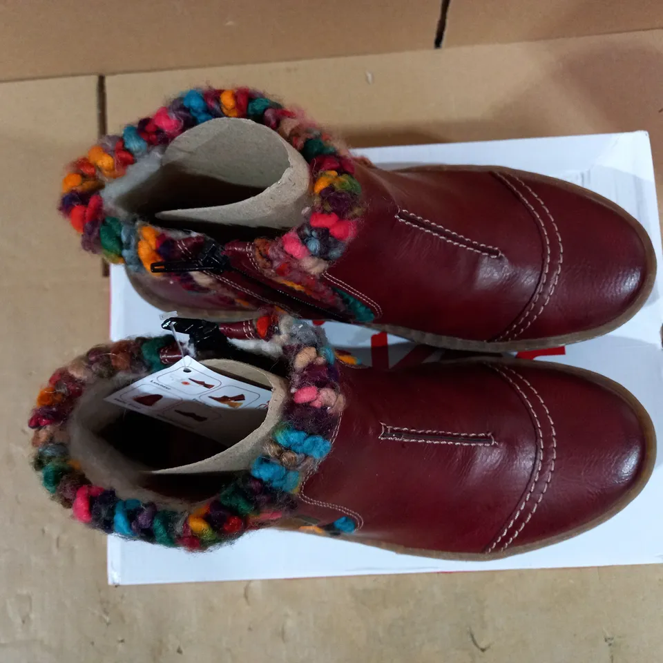 RIEKER WOOL LINED ANKLE BOOTS WINE - SIZE 6