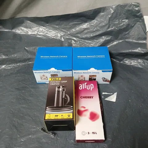 APPROXIMATELY 15 ASSORTED ITEMS TO INCLUDE WIRELESS CAMERAS, POCKET TRIPOD, AIR UP CHERRY ETC