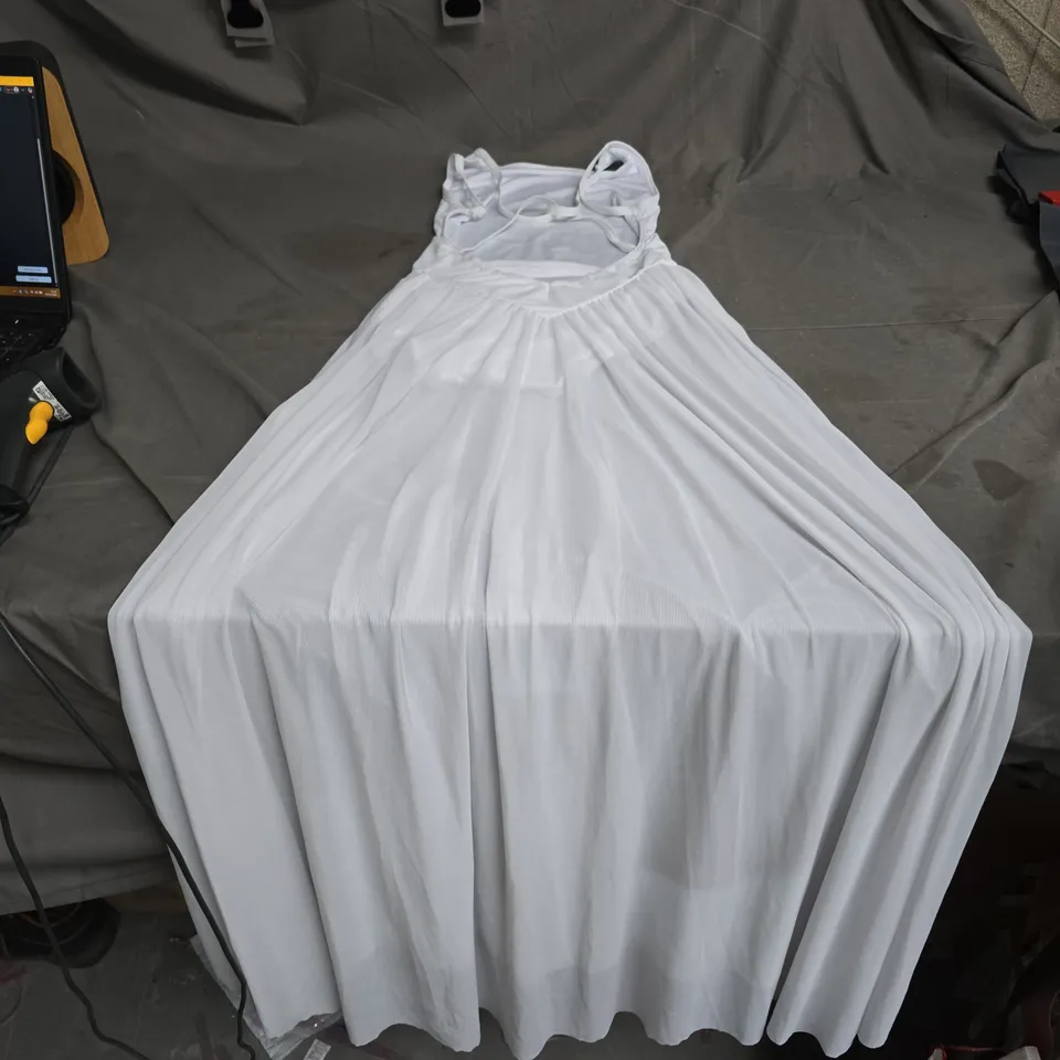 WHITE SLEEVELESS DRESS ON FABRIC-DRAPED DISPLAY