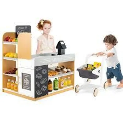 BOXED COSTWAY PRETEND PLAY GROCERY STORE SET WITH SHOPPING CART AND 2 CHALKBOARDS-WHITE 