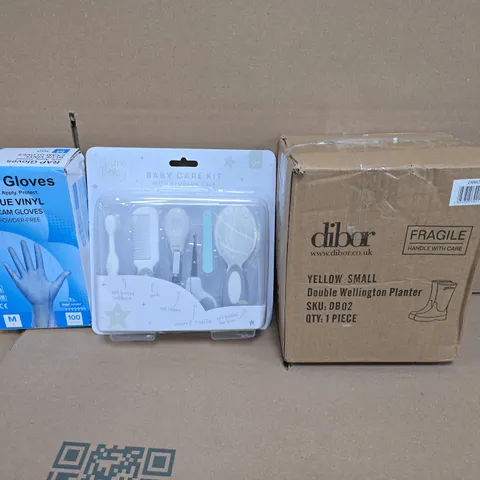 BOX OF APPROXIMATELY 15 ASSORTED HOUSEHOLD ITEMS TO INCLUDE DOUBLE WELLINGTON PLANTER, BLUE VINYL GLOVES AND A BABY CARE KIT