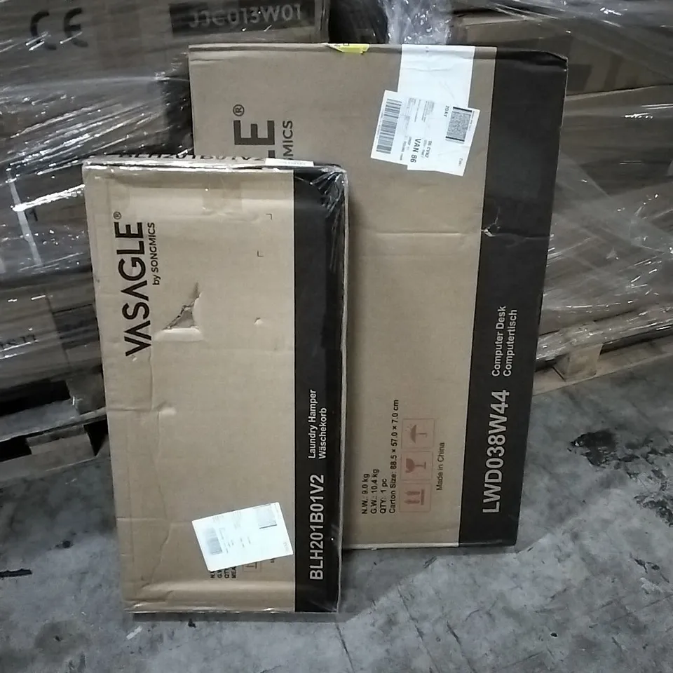 PALLET OF HOUSEHOLD ITEMS TO INCLUDE SHOE BOX, COMPUTER DESK, CAMPING CHAIR, STORAGE OTTOMAN, BAR STOOLS AND OTHER ASSORTED ITEMS...