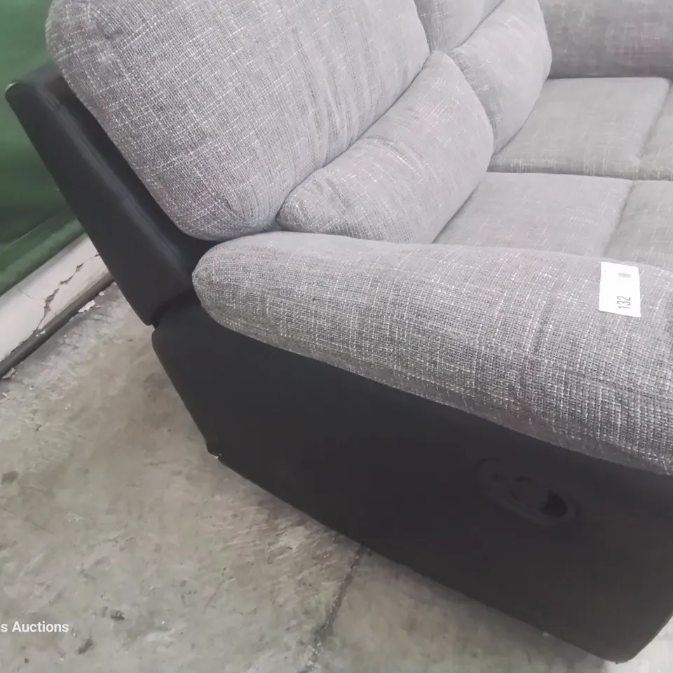 DESIGNER MANUAL RECLINING TWO SEATER SOFA BLACK FAUX LEATHER & GREY FABRIC