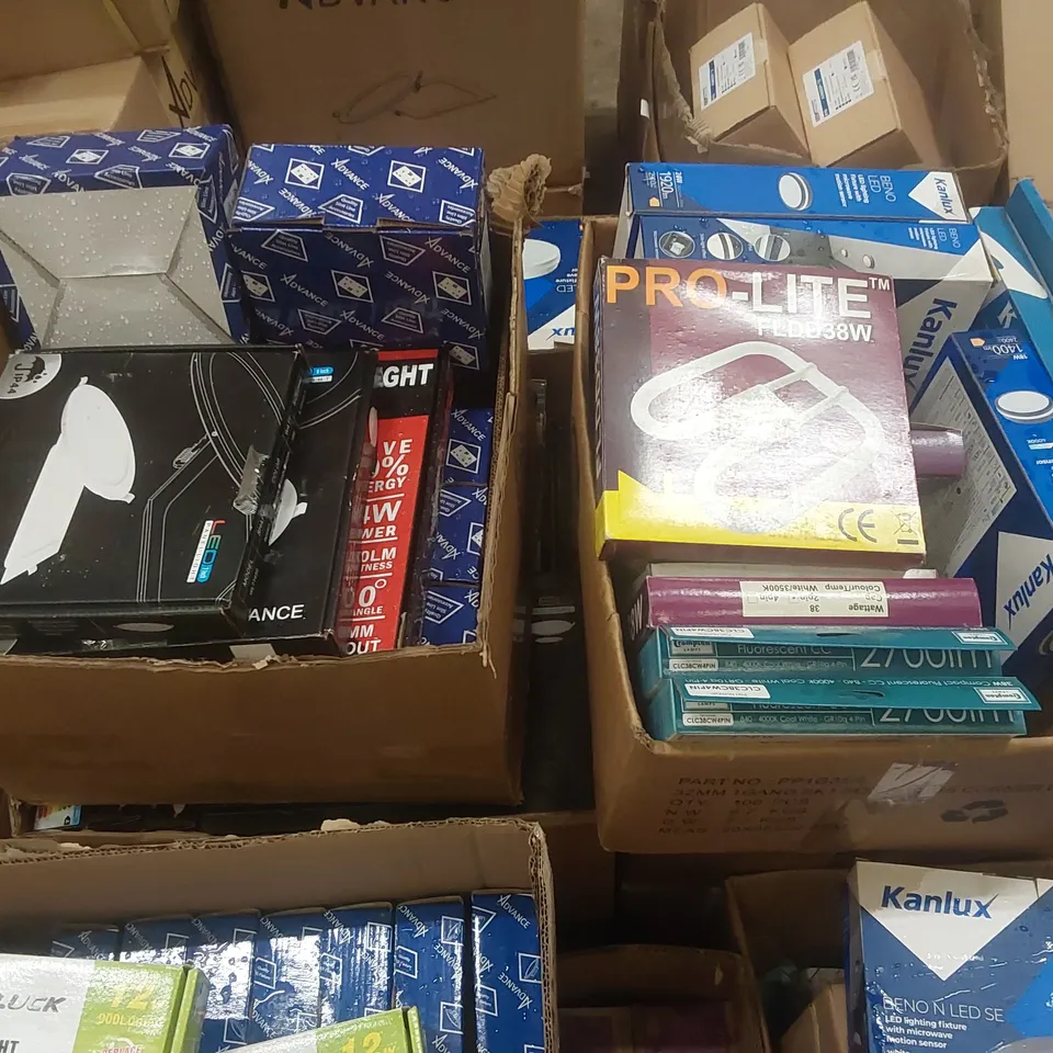 PALLET CONTAINING A VERY LARGE QUANTITY OF ASSORTED LIGHTING PRODUCTS TO INCLUDE: ADVANCE LED LIGHT PANELS, FIXED FIRE RATED DOWN LIGHTS, LED LIGHTING FIXTURES WITH MICROWAVE MOTION SENSORS ECT