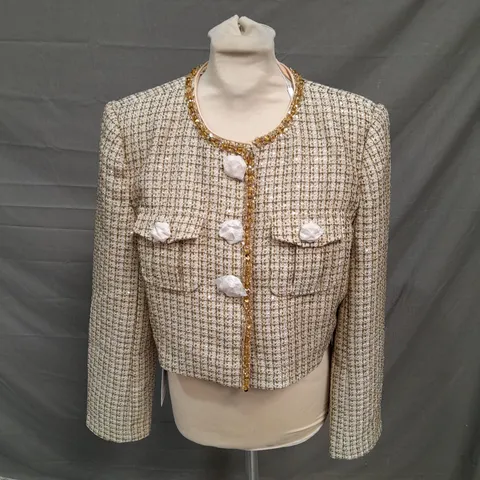 SELF-PORTRAIT GOLD BOUCLE CROPPED JACKET IN GOLD - UK 14