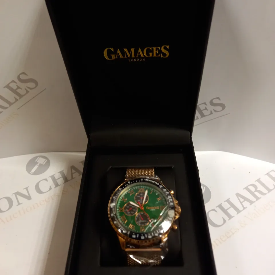 BOXED GAMAGES PINNACLE ROSE GOLD GREEN DIAL WATCH