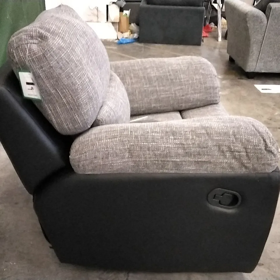 DESIGNER SANTORI BLACK FAUX LEATHER AND GREY FABRIC MANUAL RECLINING ARMCHAIR  RRP £649