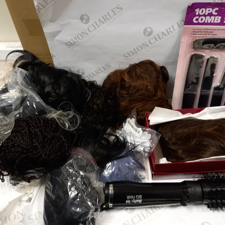 ASSORTMENT OF HAIR PIECES AND WIGS WITH BABYLIS BIG HAIR ROLLER BRUSH INCLUDED