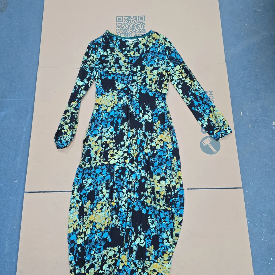 WHITE STUFF FLORAL PRINT DRESS – UK 10 (EU 38), BLACK WITH BLUE/YELLOW FLORALS