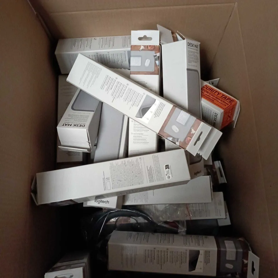 BOX OF APPROXIMATELY 20 ASSORTED COMPUTER RELATED PRODUCTS TO INCLUDE NON UK VERSION LOGITECH KEYBOARDS, LOGITECH DESK MATS ETC