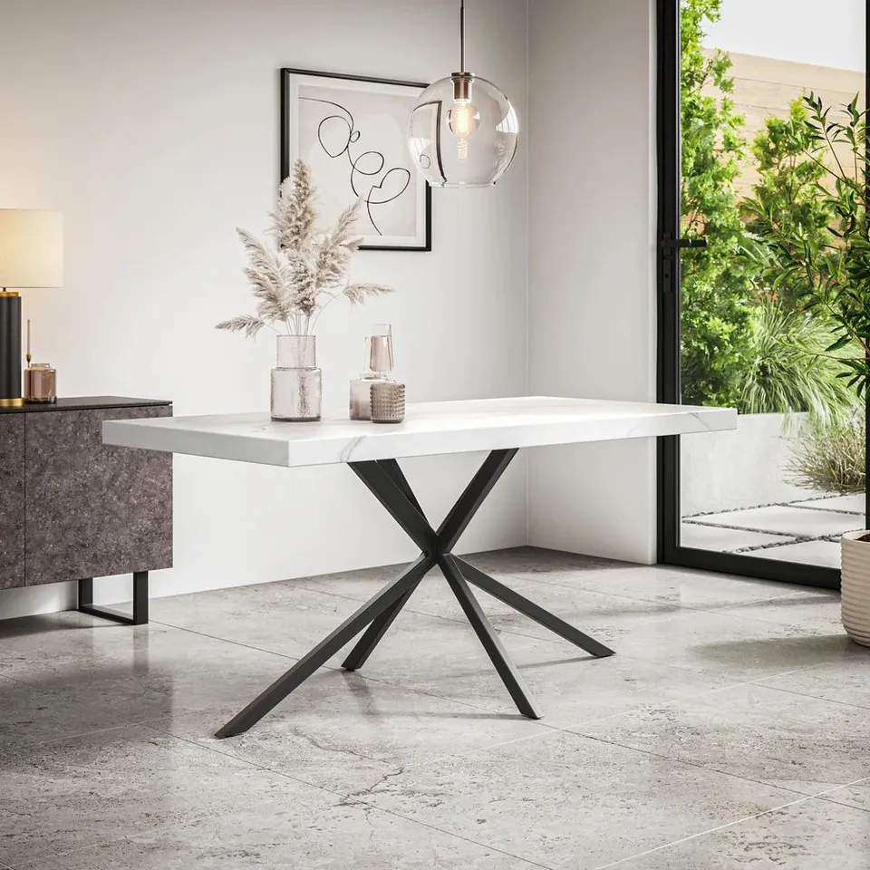 BOXED DONNI WHITE MARBLE EFFECT DINING TABLE WITH BLACK LEGS (2 BOXES)