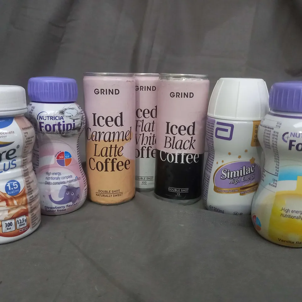 APPROXIMATELY 20 ASSORTED FOOD AND BEVERAGE PRODUCTS TO INCLUDE : GRIND ICED CARAMEL LATTE/FLAT WHITE COFFEE AND BLACK COFFEE, NUTRICIA SUPPLEMENT DRINK.