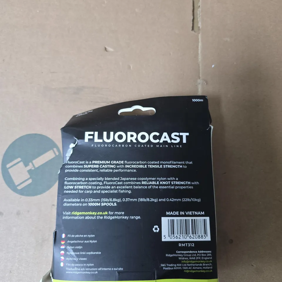 RIDGEMONKEY FLUOROCAST FLUOROCARBON COATED MAIN LINE – 0.37MM, 18LB, 1000M (BOXED)