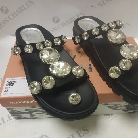 BOXED OZWELL BLACK SATIN CLEAR STONE SLIP SANDLES - SIZE 38