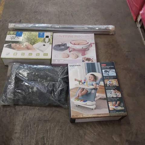 PALLET OF ASSORTED ITEMS INCLUDING: BABY BOUNCE CHAIR, HEATED BLANKET, KNITTING MACHINE, BLINDS, RUG ECT