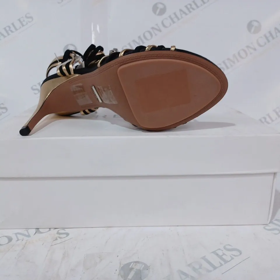 BOXED PAIR OF REISS CASSIDY STRAPPY HEELS IN BLACK/GOLD UK SIZE 4