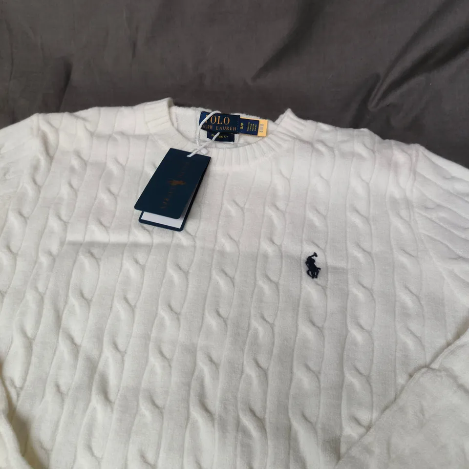 RALPH LAUREN POLO WHITE CABLE KNIT SWEATER – SIZE SMALL