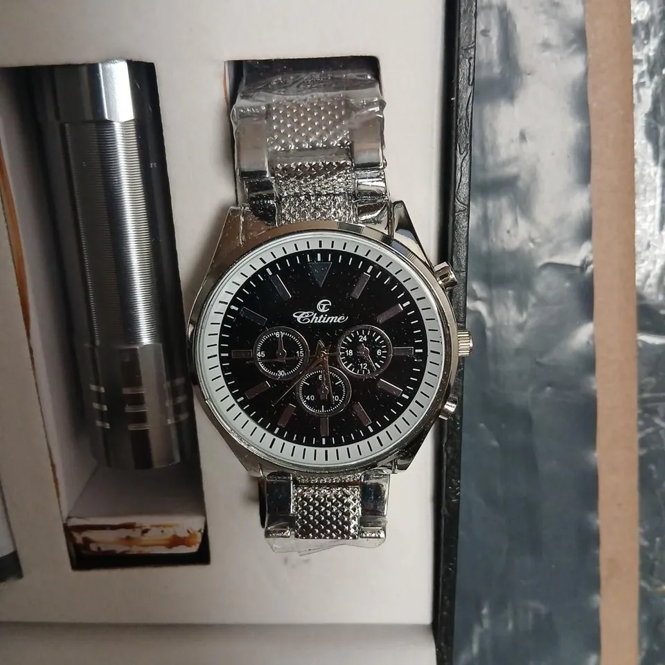 CHTIME STAINLESS STEEL CHRONOGRAPH WATCH WITH MESH BRACELET – BOXED