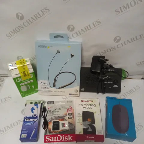 BOX OF APPROXIMATELY 20 ASSORTED ELECTRICAL PRODUCTS TO INCLUDE WIRELESS EARPHONES, CHARGING CABLES, USB MOUSE ETC