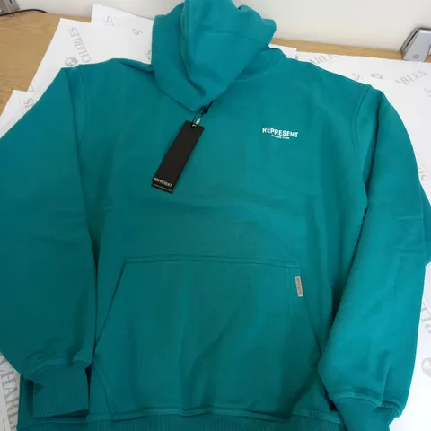 REPRESENT TURQUOISE PLAIN HOODIE WITH LOGO - SMALL